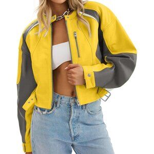 Womens Yellow Tankaneo  Leather Bomber Jacket Cropped Color Block Fall Casual